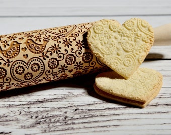 Embossing rolling pin - Folk floral pattern with birds, Cookies decorating roller, Laser engraved rolling pin