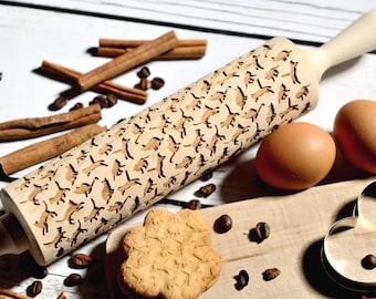 Embossing rolling pin - Cats pattern, Cookies decorating roller, Laser engraved rolling pin