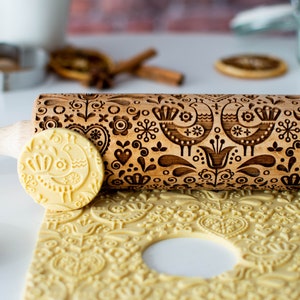 Scandinavian folk 2 - Embossing rolling pin, Cookies decorating roller, Laser engraved rolling pin