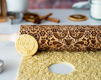 Scandinavian Folk Laser Engraved Rolling Pin - Cookies Decorating Roller