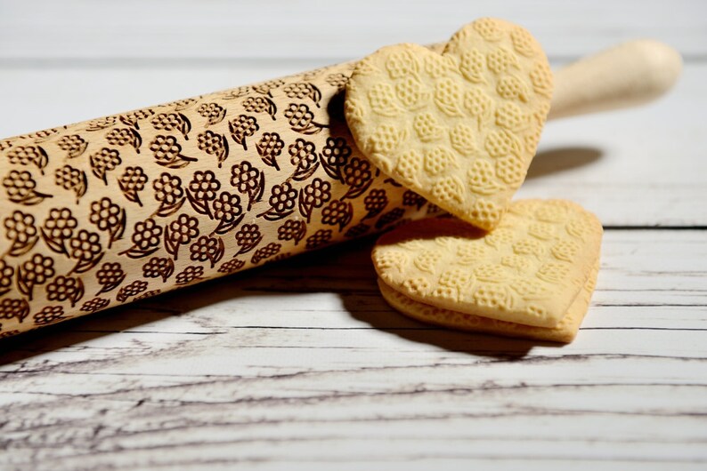 Embossing rolling pin Wild flowers, Cookies decorating roller, Laser engraved rolling pin image 1