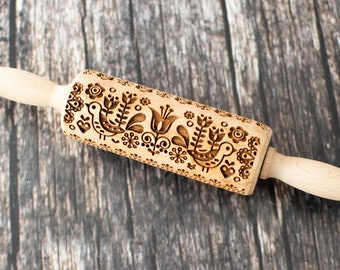 Scandinavian flowers - Mini Rolling Pin, Embossing rolling pin, Laser engraved rolling pin, Cookies decorating roller