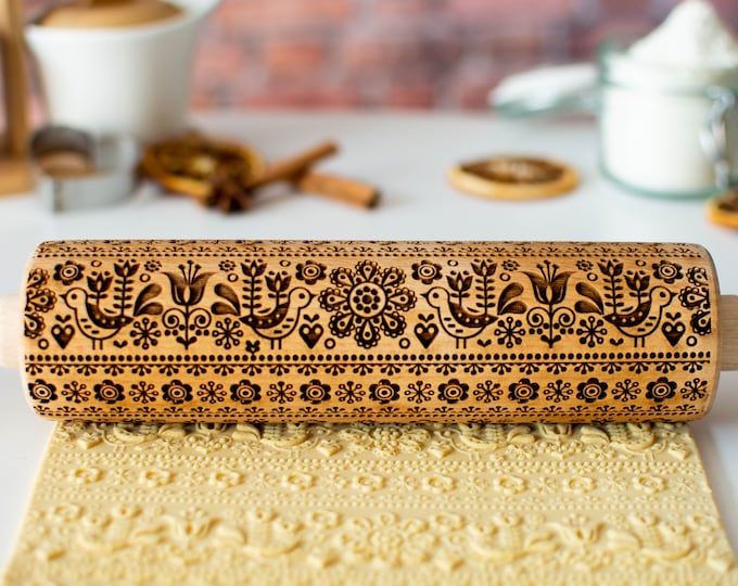 Scandinavian flowers - Embossing rolling pin, Cookies decorating roller, Laser engraved rolling pin