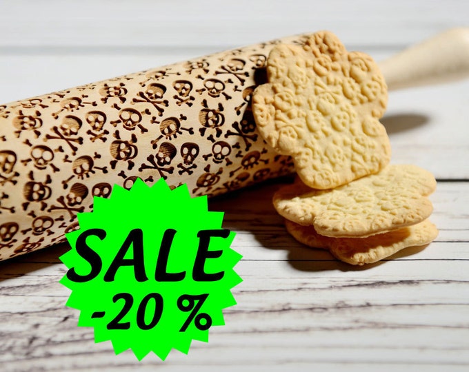 Embossing rolling pin - Skulls and bones, Cookies decorating roller, Laser engraved rolling pin