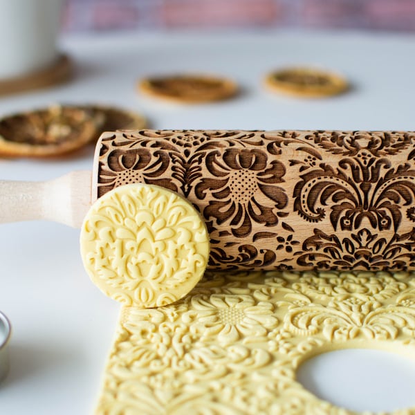 Damask pattern - Embossing rolling pin, Cookies decorating roller, Laser engraved rolling pin