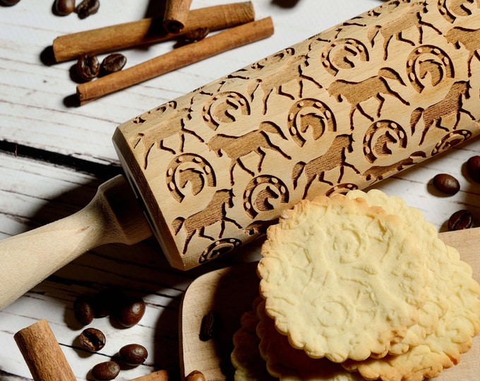 Embossing rolling pin -  Horses, Cookies decorating roller, Laser engraved rolling pin