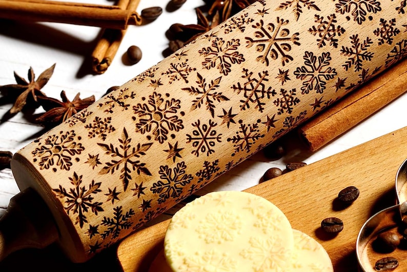 Snowflakes Embossing rolling pin, Cookies decorating roller, Laser engraved rolling pin image 2