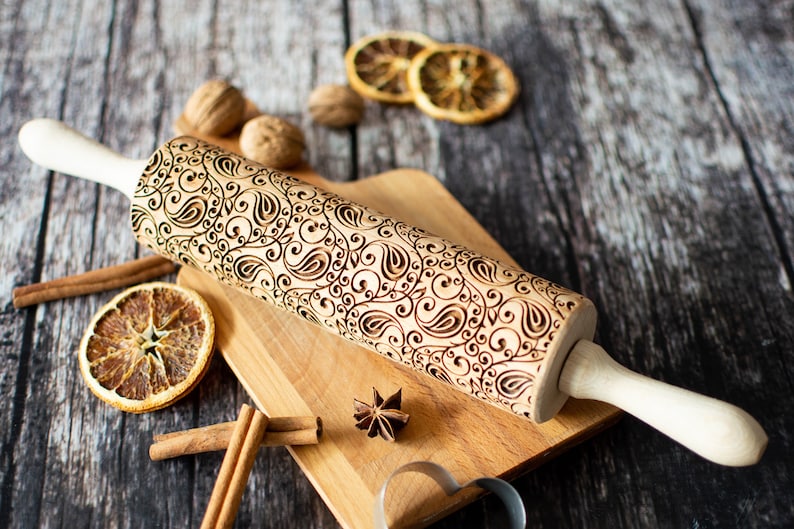 Embossing rolling pin Paisley Pattern Cookies decorating roller Laser engraved rolling pin