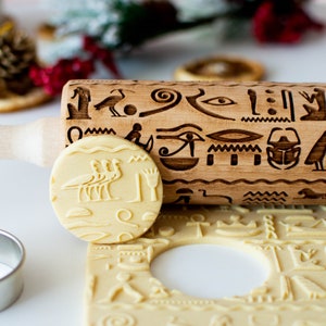 Egyptian Hieroglyphs Rolling Pin for Cookies, Personalized Gift for History Lover, Archeology Baker Gift, Embossing Roller for Pottery