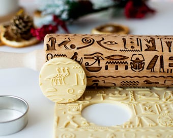 Egyptian Hieroglyphs Rolling Pin for Cookies, Personalized Gift for History Lover, Archeology Baker Gift, Embossing Roller for Pottery
