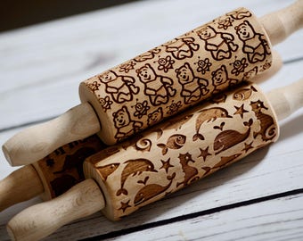 SET of 2 Mini Rolling Pins - laser engraved rolling pin, Cookies decorating roller