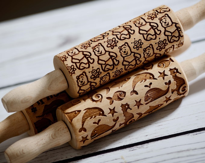 SET of 2 Mini Rolling Pins - laser engraved rolling pin, Cookies decorating roller