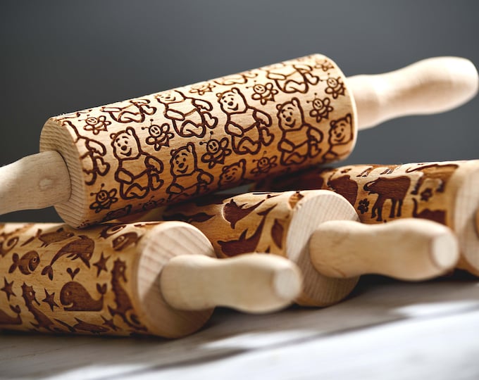 SET of 6 Mini Rolling Pins - laser engraved rolling pin, Cookies decorating roller