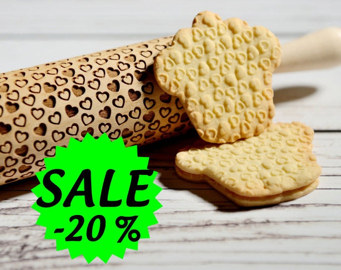 Embossing rolling pin - Little hearts, Cookies decorating roller, Laser engraved rolling pin