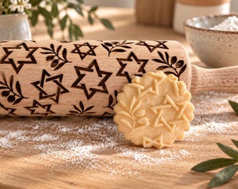 Star of David Rolling Pin, Jewish Cookie Embosser, Engraved Wooden Rolling Pin