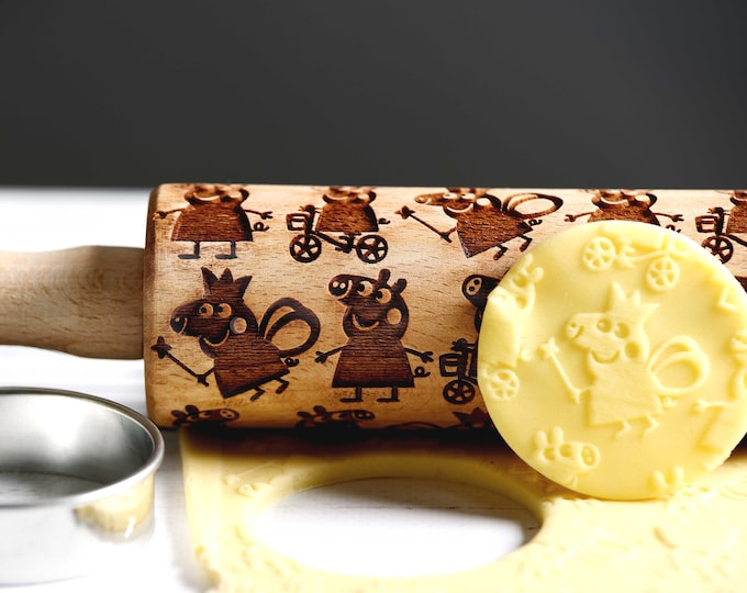 Peppa pig - Mini Rolling Pin, Embossing rolling pin, Laser engraved rolling pin, Cookies decorating roller