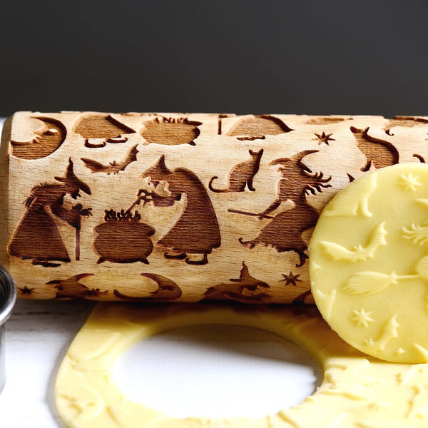 Witches - Embossing rolling pin, Cookies decorating roller, Laser engraved rolling pin