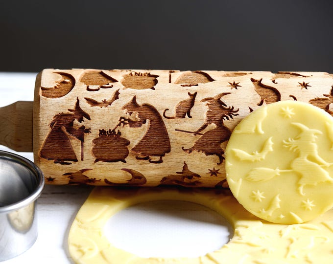 Witches - Embossing rolling pin, Cookies decorating roller, Laser engraved rolling pin