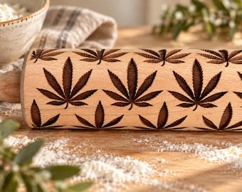 Engraved Wooden Rolling Pin, Botanical Leaf Pattern, Beech Wood Cookie Embosser