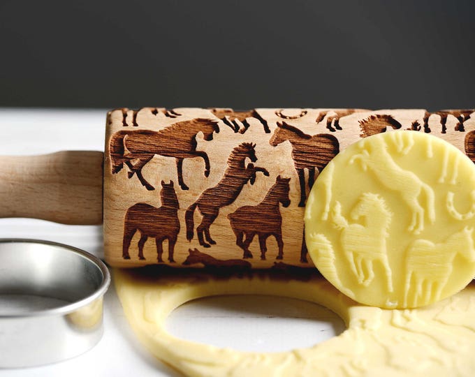 Horses - Mini Rolling Pin, Embossing rolling pin, Laser engraved rolling pin, Cookies decorating roller