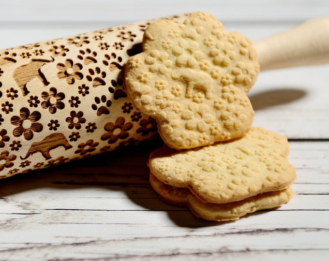 Tłoczenie wałek - słonie i kwiaty, pliki cookie, dekorowanie wałek, wałek do ciasta grawerowane laserem