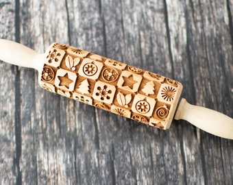 Christmas - Mini Rolling Pin, Embossing rolling pin, Laser engraved rolling pin, Cookies decorating roller