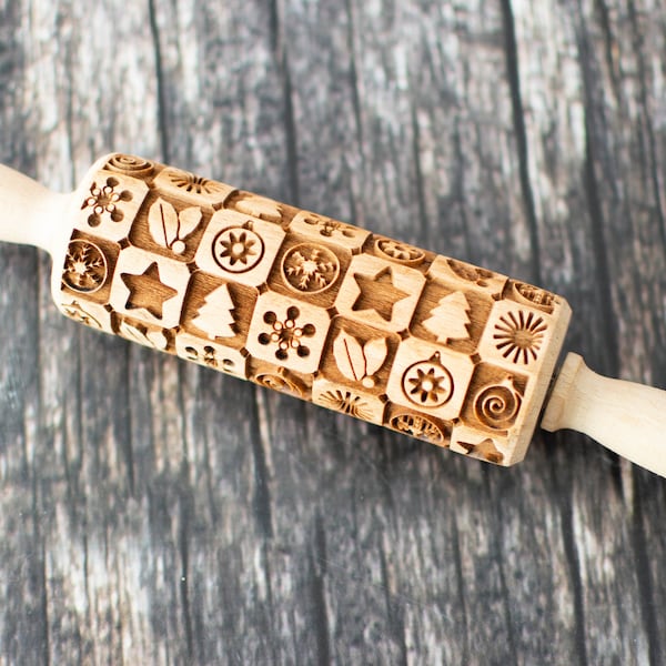 Christmas - Mini Rolling Pin, Embossing rolling pin, Laser engraved rolling pin, Cookies decorating roller