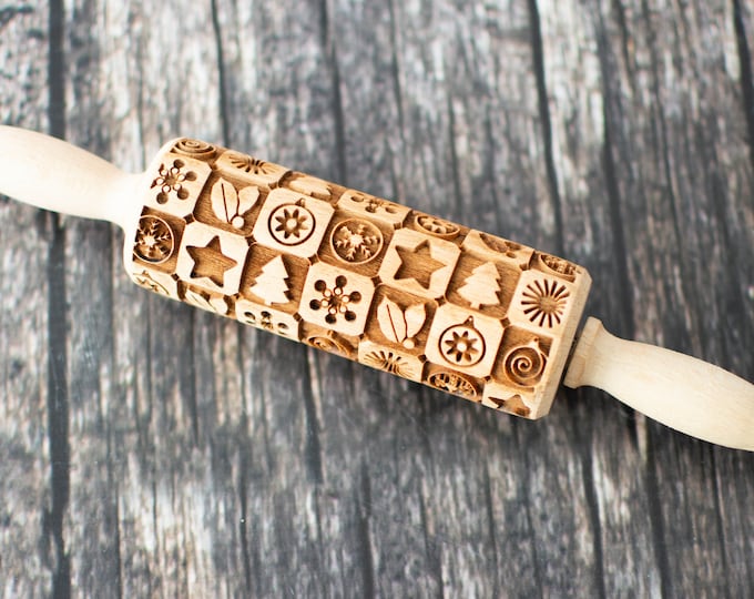 Christmas - Mini Rolling Pin, Embossing rolling pin, Laser engraved rolling pin, Cookies decorating roller