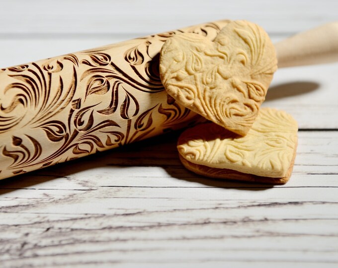 Embossing rolling pin - Flowers - Tulips pattern, Cookies decorating roller, Laser engraved rolling pin