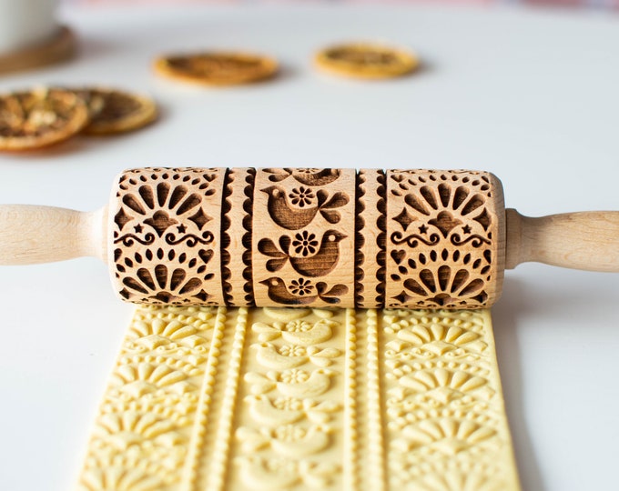 Mexican folk pattern - Mini Rolling Pin, Embossing rolling pin, Laser engraved rolling pin, Cookies decorating roller