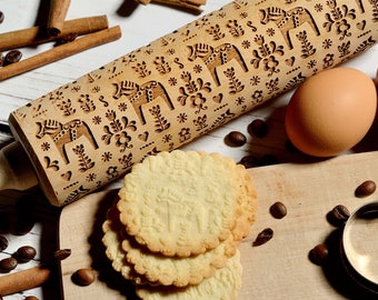 Embossing rolling pin - Swedish Dala Horse, Cookies decorating roller, Laser engraved rolling pin