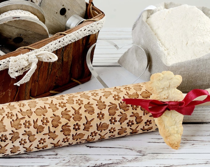Embossing rolling pin - Rabbits in the meadow, Cookies decorating roller, Laser engraved rolling pin