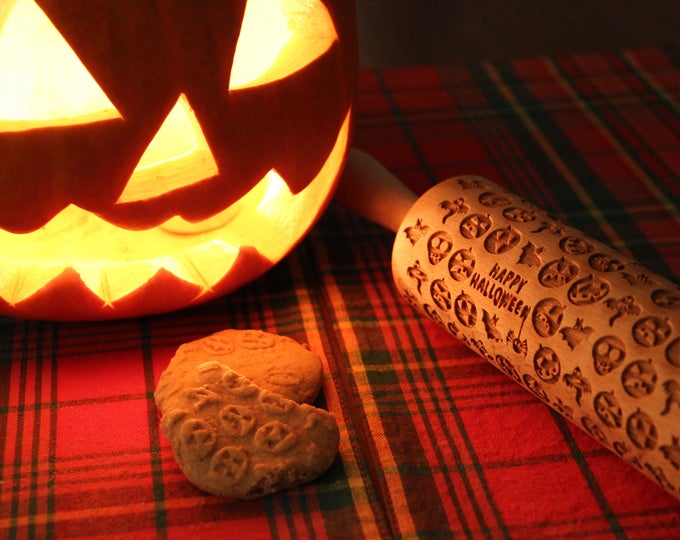 Pumpkin pattern - Embossing rolling pin - Happy Halloween, Cookies decorating roller, Laser engraved rolling pin