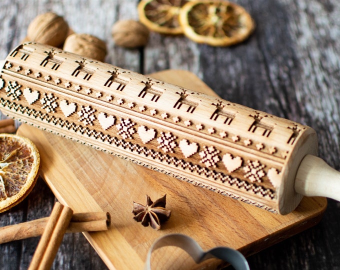 Winter nordic pattern - Embossing rolling pin, Cookies decorating roller, Laser engraved rolling pin