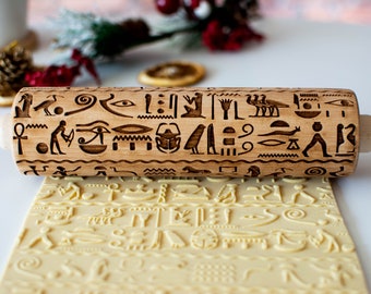 Egyptian hieroglyphs - Embossing rolling pin, Cookies decorating roller, Laser engraved rolling pin