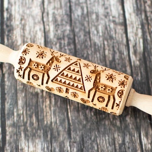 Christmas folk pattern - Mini Rolling Pin, Embossing rolling pin, Laser engraved rolling pin, Cookies decorating roller
