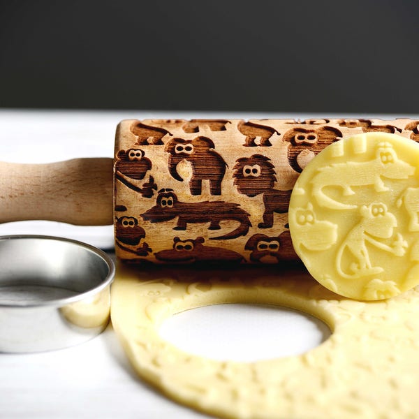 African animals - Mini Rolling Pin, Embossing rolling pin, Laser engraved rolling pin, Cookies decorating roller