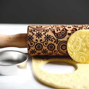 Folk floral pattern with birds - Mini Rolling Pin, Embossing rolling pin, Laser engraved rolling pin, Cookies decorating roller