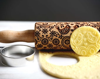 Folk Floral Bird Rolling Pin – Laser Engraved Embossing Roller