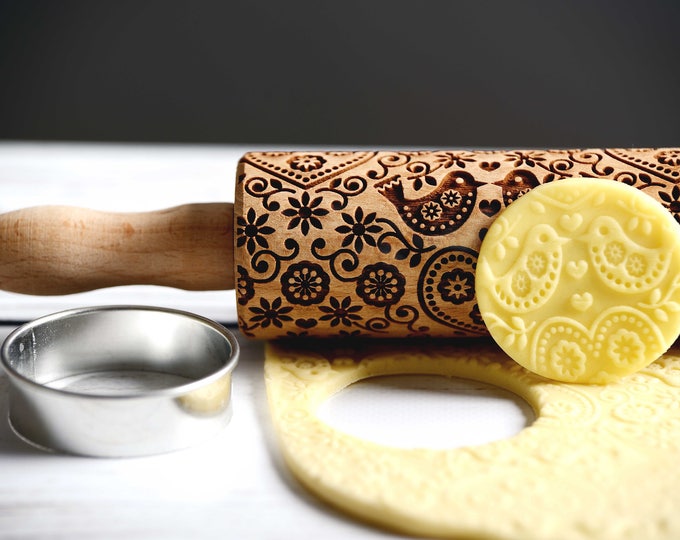 Folk floral pattern with birds - Mini Rolling Pin, Embossing rolling pin, Laser engraved rolling pin, Cookies decorating roller