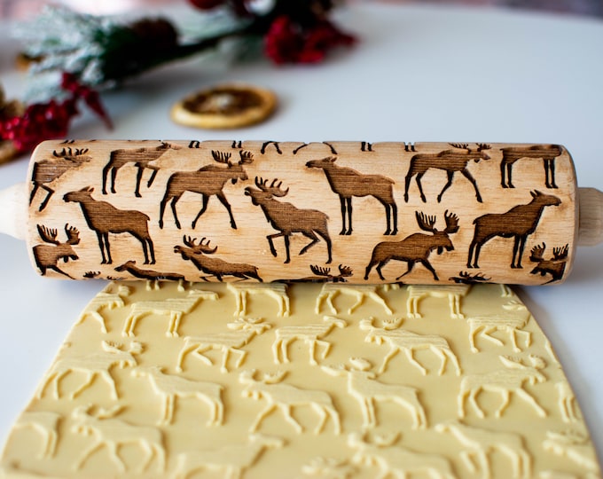 Moose - Embossing rolling pin, Cookies decorating roller, Laser engraved rolling pin