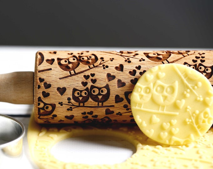 Sweet Owls - Mini Rolling Pin, Embossing rolling pin, Laser engraved rolling pin, Cookies decorating roller
