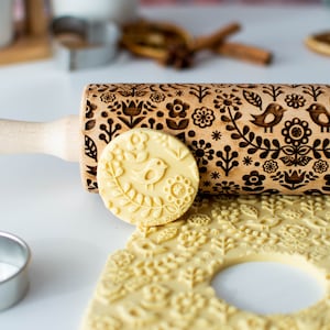 Scandinavian folk - Embossing rolling pin, Cookies decorating roller, Laser engraved rolling pin