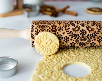 Scandinavian folk - Embossing rolling pin, Cookies decorating roller, Laser engraved rolling pin