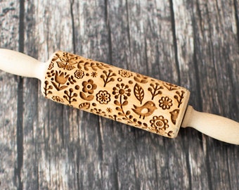 Scandinavian Folk 2 - Mini Rolling Pin, Embossing rolling pin, Laser engraved rolling pin, Cookies decorating roller