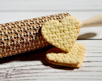 Embossing rolling pin - Hearts of gold, Cookies decorating roller, Laser engraved rolling pin