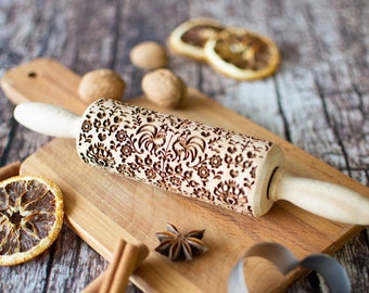 Polish Flower pattern - Mini Rolling Pin, Embossing rolling pin, Laser engraved rolling pin, Cookies decorating roller