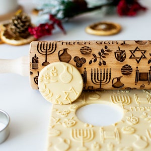 Happy Hanukkah Embossing rolling pin, Cookies decorating roller, Laser engraved rolling pin image 2