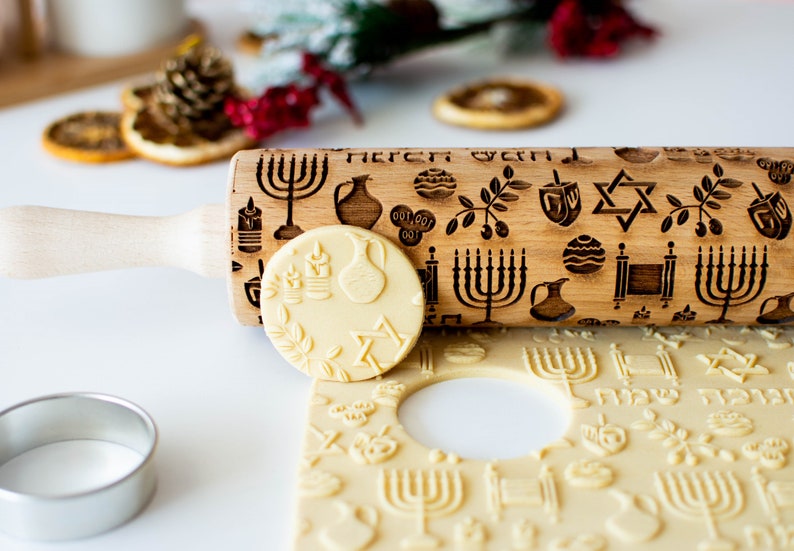 Happy Hanukkah Embossing rolling pin, Cookies decorating roller, Laser engraved rolling pin image 2