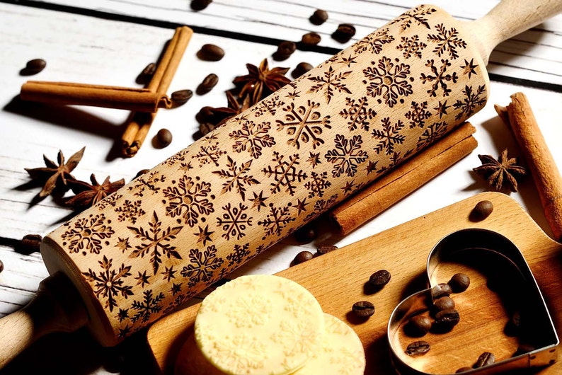 Snowflakes Embossing rolling pin, Cookies decorating roller, Laser engraved rolling pin image 5